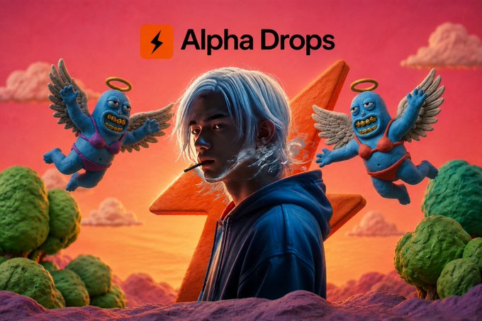 Promotional artwork for 'Alpha Drops' showing a white-haired figure in a hoodie smoking, with two blue cherub-like creatures with halos, and a large orange Solana logo in the background.