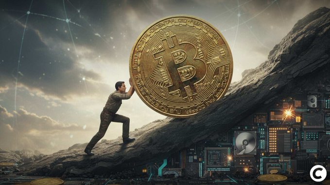 A man pushes a massive Bitcoin coin up a steep, rugged mountain, with a digital circuit board on one side symbolizing the contrast between Bitcoin's technological foundation and the arduous climb toward recovery. The image visually mirrors the post's message about VanEck's report indicating Bitcoin is entering an accumulation phase, with 8 of 12 capitulation signals triggered.