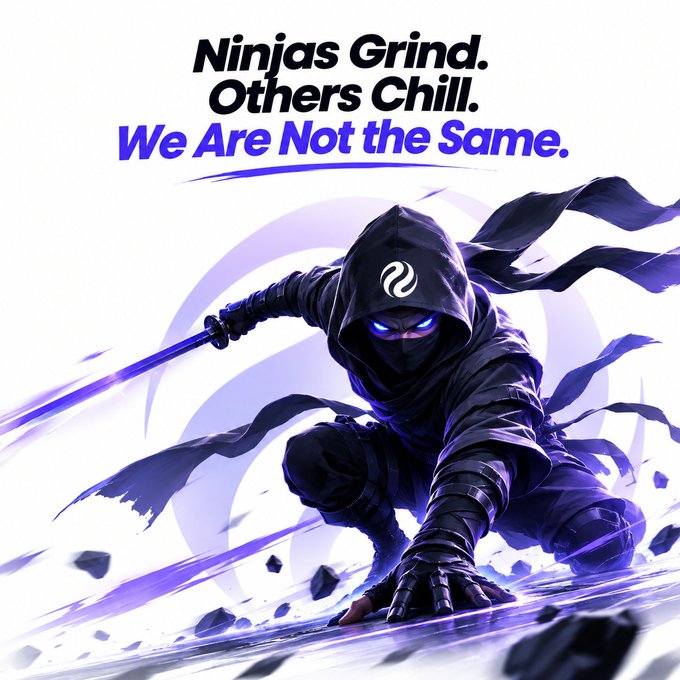 A hooded ninja in dark attire crouches dynamically with a glowing purple sword, set against a swirling violet and white background. The bold text reads "Ninjas Grind. Others Chill. We Are Not the Same," reinforcing the post's message that Injective ninjas stand apart through relentless effort while others relax.