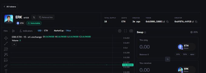 A cryptocurrency trading interface shows token ERK (Erick) on a DEX with a total supply of 1B, created 3 months ago, and a swap interface for ETH/ERK trading.