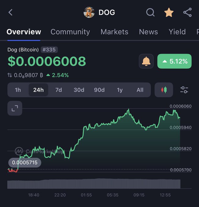 Cryptocurrency price tracker app showing 'DOG' (Dog on Bitcoin) at $0.00006008, up 5.12% (2.54%), with a 24-hour price chart trending upward.