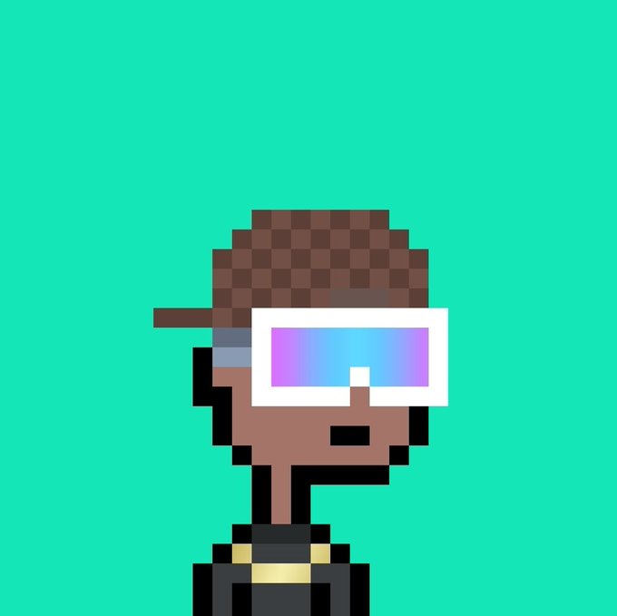 A pixel art character with a brown checkered cap, large white sunglasses with a purple-blue lens, and a gold chain necklace stands against a teal background.