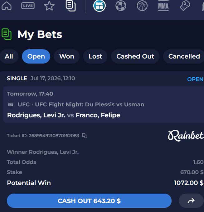 A user shares their open Rain.bet wager on the UFC Fight Night featuring Rodrigues vs. Franco, betting $670 on Levi Rodrigues Jr. at 1.60 odds for a potential $1,072 win, while promoting it as a "LIVE DOG" pick for the Usman vs Du Plessis card.