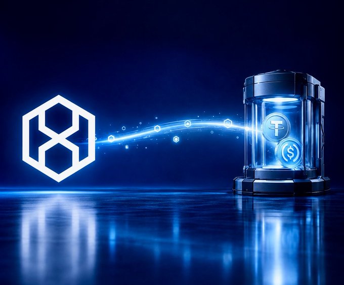 A digital illustration shows a glowing blue container with a Tether (USDT) coin being drawn into a hexagonal logo symbolizing cryptocurrency transactions.