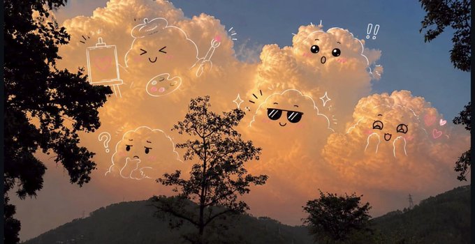 A whimsical photo of sunset clouds decorated with hand-drawn doodles of cute characters with various facial expressions, alongside a tree silhouette and hills in the background.