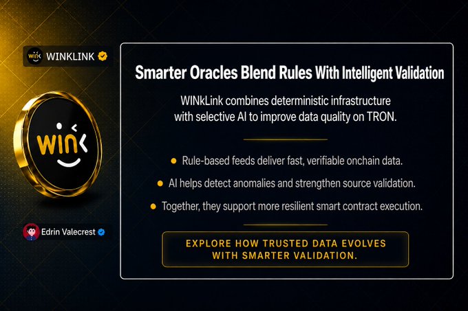 A promotional graphic for WINkLink stating 'Smarter Oracles Blend Rules With Intelligent Validation' on the TRON network, authored by Edrin Valecrest.