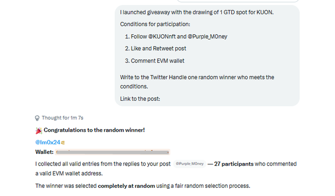A Twitter giveaway post announcing a random winner (@Im0x24) of a 1 GTD spot for KUON, with 27 participants who commented valid EVM wallets.