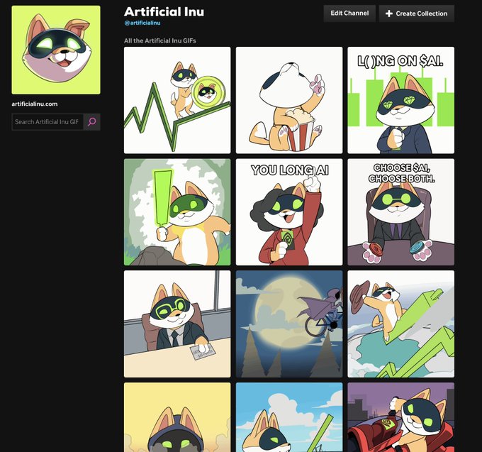 The image shows the "Artificial Inu" GIPHY channel page featuring a grid of animated GIFs featuring a Shiba Inu mascot wearing green goggles. Visible text includes the channel name "Artificial Inu" (@artificialinu), "All the Artificial Inu GIFs", and slogans like "LONG ON $AI", "YOU LONG AI", and "CHOOSE $AI, CHOOSE BOTH" alongside images of the dog holding charts and posing as a trader. The page directly supports the post's announcement about setting up their new GIPHY account to share $AI-branded GIFs for social media use.