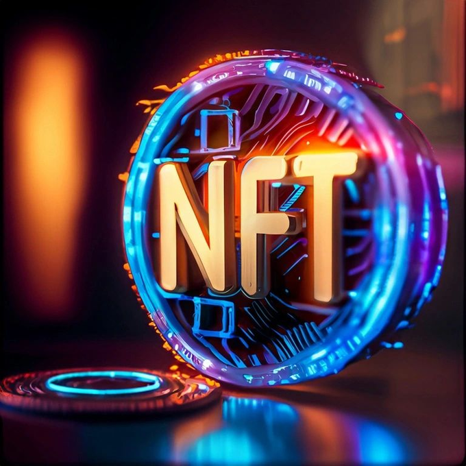 A glowing, neon-style 3D coin or token prominently displays the text 'NFT' in golden letters, surrounded by a circular blue and purple illuminated frame.
