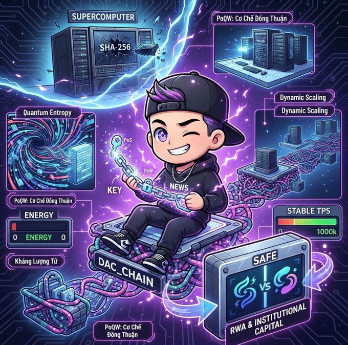 A vibrant anime-style crypto promotional graphic features a winking character holding 'PoS', 'PoW', and 'NEWS' tags, surrounded by blockchain imagery labeled 'SUPERCOMPUTER', 'SHA-256', 'Quantum Entropy', and 'DAC_CHAIN'.