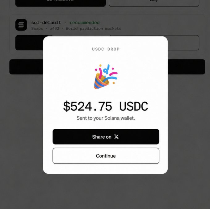 A modal window showing a "USDC DROP" of $524.75 USDC sent to a Solana wallet, with options to "Share on X" or "Continue." The image appears to be a fake airdrop confirmation, contradicting the post's claim of giving $100 to 5 followers in a giveaway requiring wallet addresses, follows, and reposts.