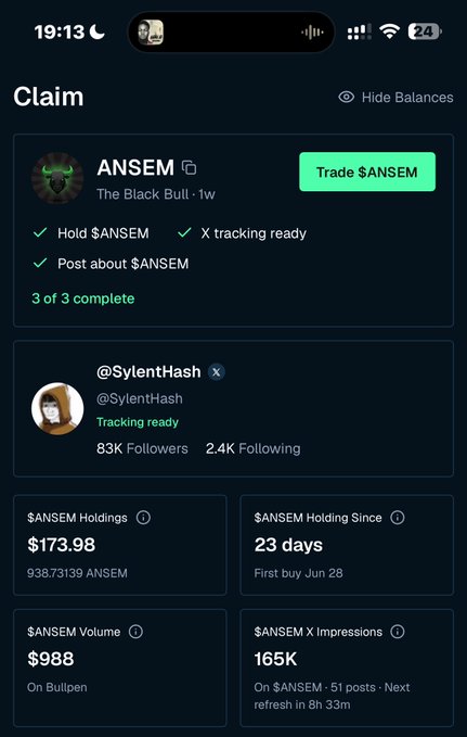 This is a screenshot of a Bullpen.fi profile showing the user "ANSEM" with 3/3 tasks completed to "Claim" and other details like $ANSEM holdings of $173.98. This image directly supports the post by showcasing the user's profile and $ANSEM activity.