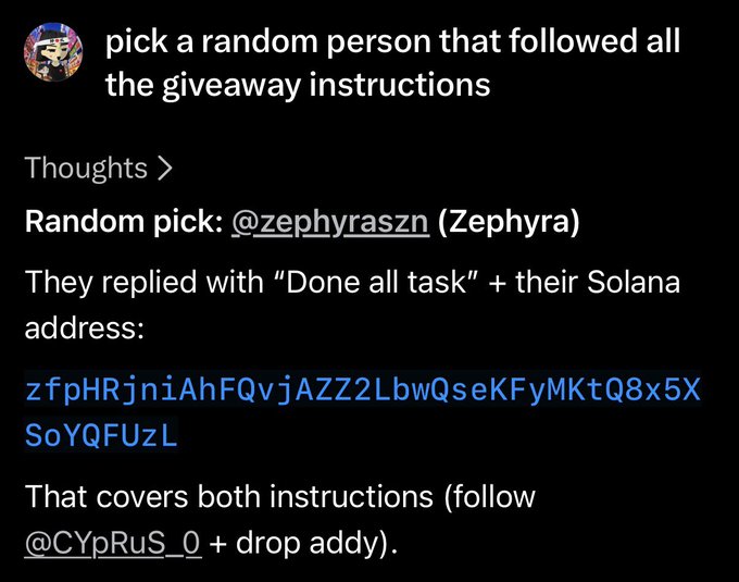 The image shows a giveaway announcement where a random winner has been selected: **@zephyraszn (Zephyra)**, whose Solana address **zfpHRjniAhFQvjAZZ2LbwQseKFyMKtQ8x5XSoYQFUzL** was provided after replying with "Done all task," confirming completion of both instructions (following @CYpRuS_0 and submitting their wallet address). This directly supports the accompanying post congratulating Zephyra on winning the SOL giveaway, with the screenshot serving as proof that the winner was fairly selected from those who completed the entry requirements.