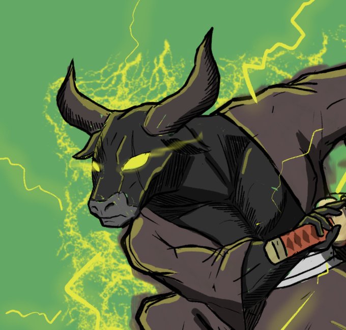 An illustrated dark bull or minotaur-like creature with glowing yellow eyes and lightning crackling around it, wielding a sword against a green background.