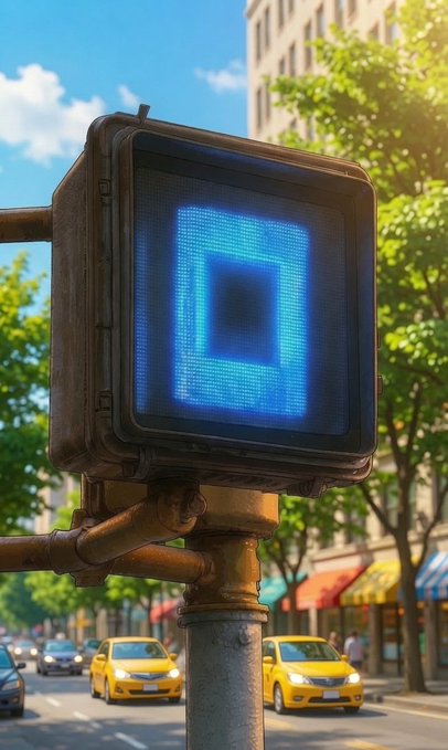 A weathered pedestrian traffic signal displaying a blue digital figure on a city street with yellow taxis and trees in the background.