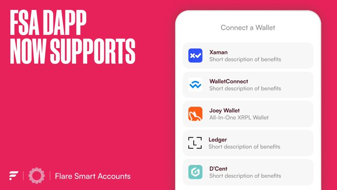 The FSA dApp now supports multiple wallets including Xaman, WalletConnect, Joey Wallet, Ledger, and D'Cent for XRPL access. This image directly illustrates the "Connect a Wallet" screen, showcasing the wallets mentioned in the post.