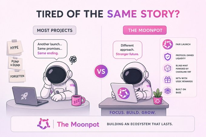 A promotional graphic for 'The Moonpot' cryptocurrency project, contrasting 'Most Projects' (Hype, Pump & Dump, Forgotten) with its own features including Fair Launch, Protocol Owned Liquidity, Blind Mint, NFTs with USDC rewards, and Built on Base, under the tagline 'Building an ecosystem that lasts.'