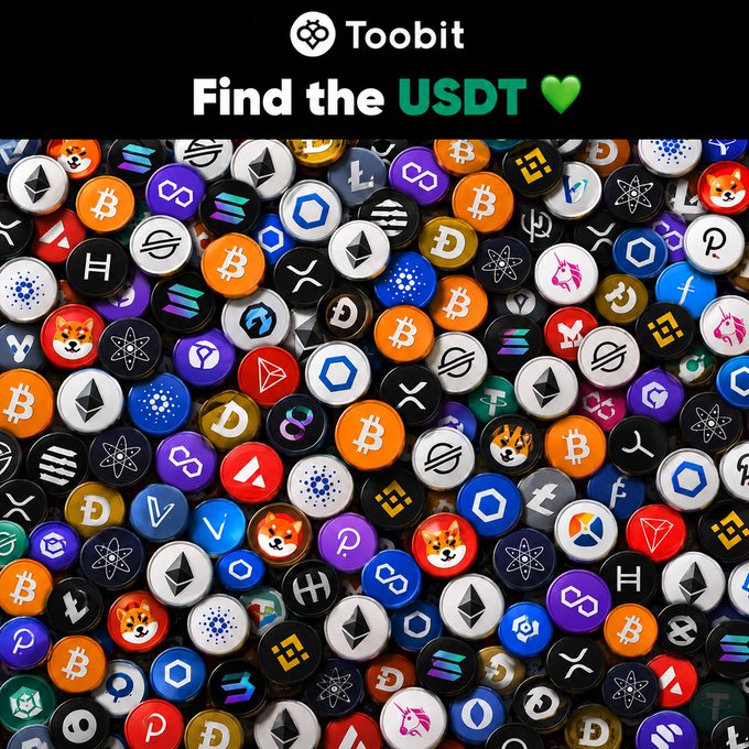 A promotional "Find the USDT" puzzle image for Toobit exchange, featuring a dense collage of various cryptocurrency token icons (including Bitcoin, Ethereum, Dogecoin, and others) where players must spot hidden USDT coins, with the Toobit logo and "Find the USDT 💚" header text at the top.