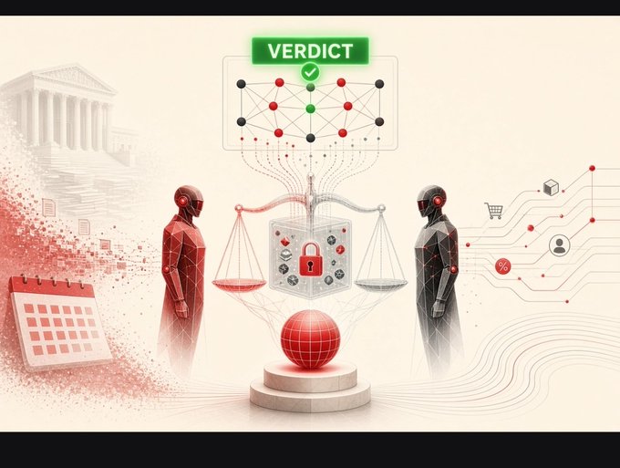 An AI-themed illustration shows two figures flanking a scale of justice with a "VERDICT" banner, surrounded by digital icons like a calendar, lock, shopping cart, and user symbols, visually representing the unresolved question of accountability when AI agents transact and negotiate autonomously across fragmented standards.