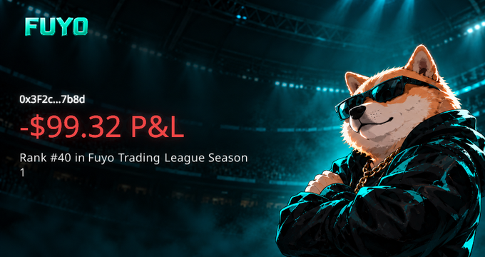 A graphic for 'FUYO' showing a Shiba Inu dog wearing sunglasses and a jacket against a stadium backdrop, with text displaying '- $99.32 P&L' and 'Rank #40 in Fuyo Trading League Season 1'.