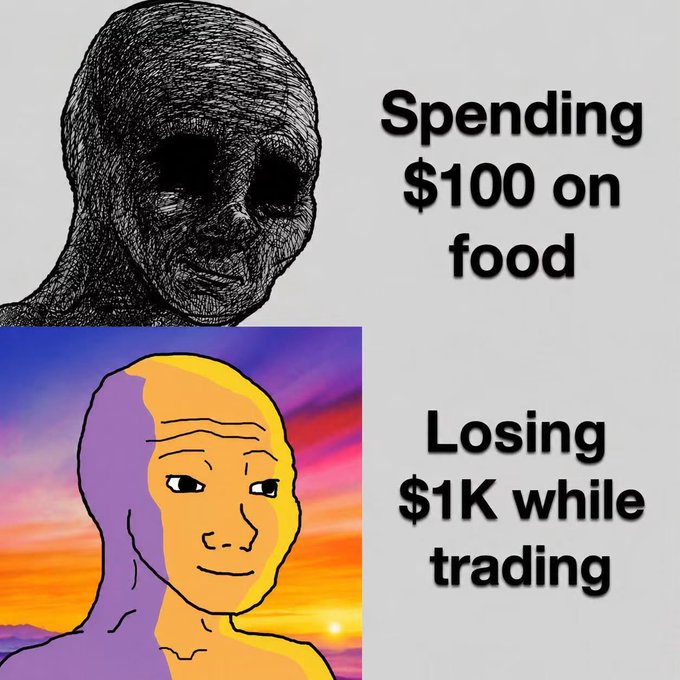 A two-panel meme using the 'wojak' character — the top panel shows a blackened, hollow-eyed figure with the caption 'Spending $100 on food,' while the bottom shows a colorful wojak face with 'Losing $1K while trading,' humorously contrasting food spending with trading losses.