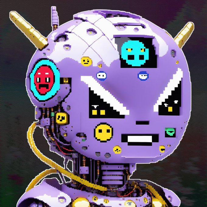 A pixel art style purple robotic head covered in various emoticon stickers (yellow smileys, a red devil face, blue characters) against a dark background, appearing to promote the "GTD mint" now open on OpenSea for the Kok collection. The post links directly to the Opensea collection page where users can mint these distinctive robotic NFT characters.