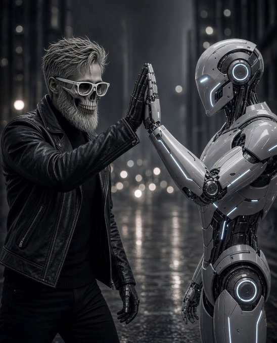 A black-and-white image showing a bearded man wearing skull-themed sunglasses and a leather jacket high-fiving a futuristic humanoid robot on a wet city street.