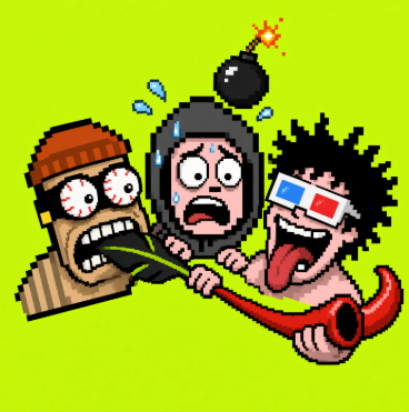 A pixel art illustration on a green background showing three characters—one wearing a striped shirt and beanie, another wearing a bomb as a hat, and a third wearing 3D glasses with their tongue out—fighting over a smoking bomb.