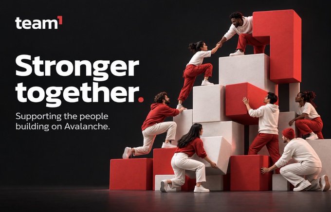A team1 promotional graphic with the text 'Stronger together. Supporting the people building on Avalanche,' featuring people in red and white outfits climbing on large red and white cube structures.