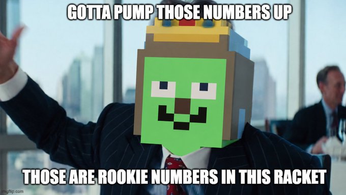 The 'Gotta Pump Those Numbers Up' meme featuring the Creatures Inc. pixelated green crocodile character edited onto the body of a man in a business suit.