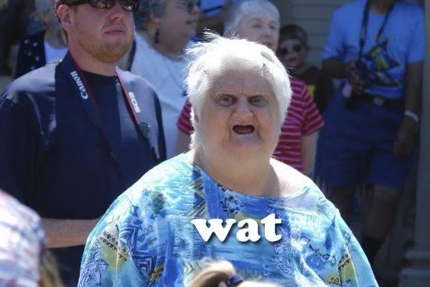 An older woman with white hair wearing a blue patterned shirt, looking surprised with her mouth open, with the word 'wat' overlaid in white text.