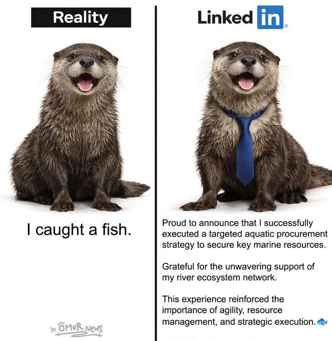 A split 'Reality vs LinkedIn' meme featuring the same otter on both sides; the left reads 'I caught a fish' while the right, wearing a blue tie, humorously announces a 'targeted aquatic procurement strategy' in corporate jargon.