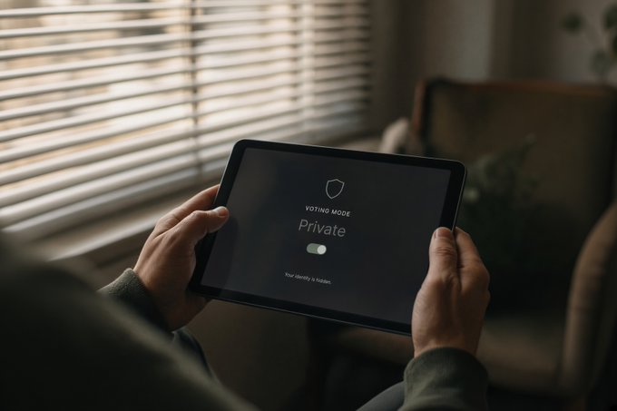 A person holds a tablet displaying a 'VOTING MODE' set to 'Private' with the message 'Your identity is hidden,' suggesting an anonymous voting application.