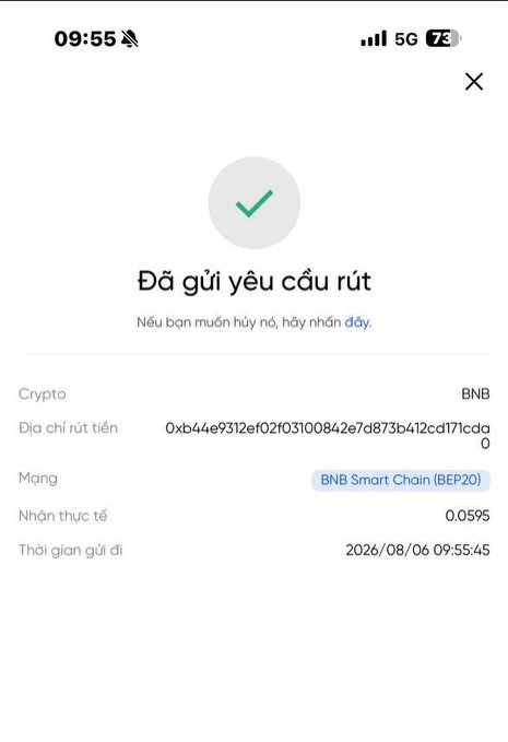 A mobile screenshot in Vietnamese showing a successful withdrawal request confirmation for 0.0595 BNB on the BNB Smart Chain (BEP20) network, sent on 2026/08/06 at 09:55:45.