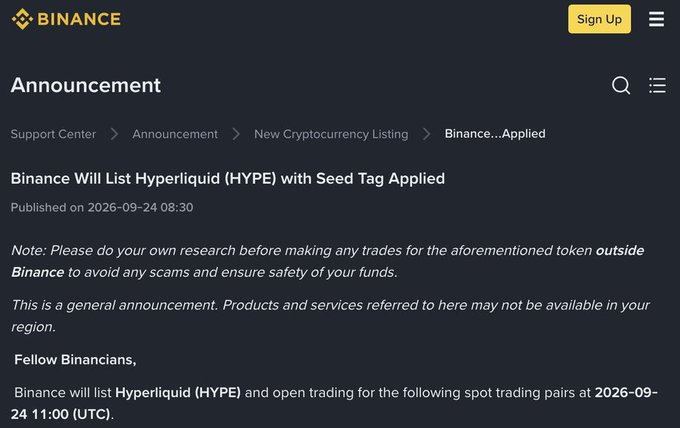 The image depicts a Binance announcement page titled "Binance Will List Hyperliquid (HYPE) with Seed Tag Applied," published on 2026-09-24 at 08:30, confirming that $HYPE will open for spot trading at 11:00 UTC on the same day, directly supporting the post's claim that Binance is listing $HYPE for spot trading.