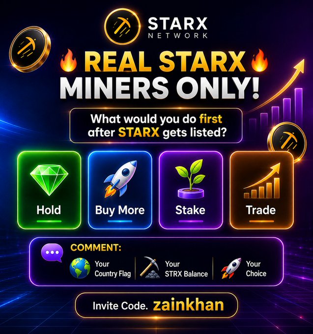 A promotional graphic for "STARX NETWORK" asking "REAL STARG MINERS ONLY!" with options to Hold, Buy More, Stake, or Trade, featuring coins and crypto symbols.