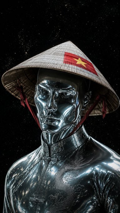 A 3D rendered portrait of a metallic, reflective humanoid figure wearing a traditional conical Asian hat decorated with the flag of Vietnam, set against a starry night background.