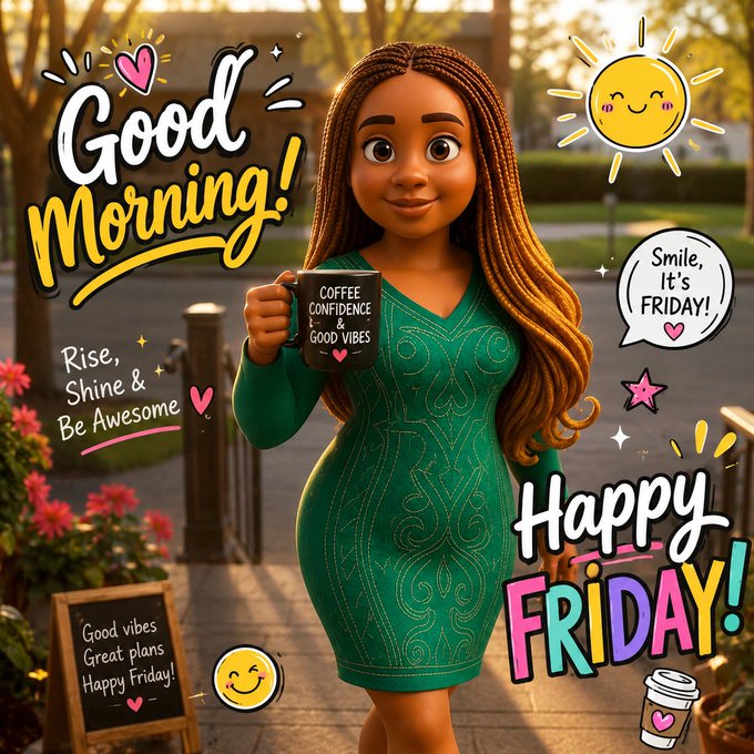 A 3D animated-style greeting image featuring a woman in a green dress holding a 'Coffee Confidence & Good Vibes' mug, with 'Good Morning!', 'Happy FRIDAY!', and 'Rise, Shine & Be Awesome' text.