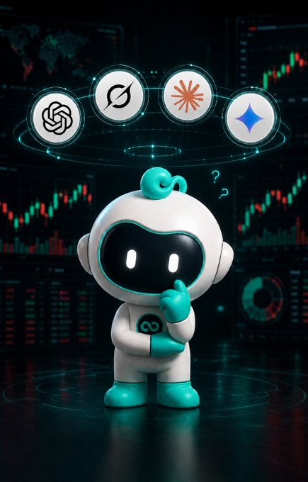 A small white and teal robot stands contemplatively before floating icons of major AI platforms—ChatGPT, Grok, Claude, and Gemini—while surrounded by red and green trading charts in the background. The image visually captures the post's theme of pairing AI tools with market analysis, prompting traders to share which AI sidekick helps them interpret the charts behind the robot.