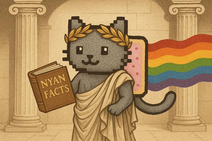 An illustration of Nyan Cat reimagined as a Roman statue wearing a laurel wreath and a toga, holding a book titled 'NYAN FACTS', set against a backdrop of classical columns and a rainbow flag.