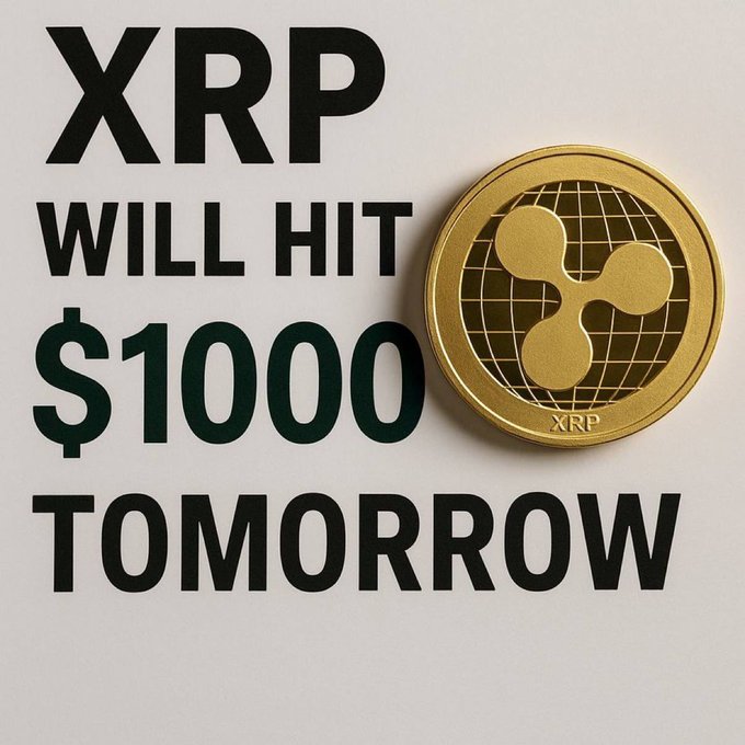 Promotional graphic featuring a gold XRP cryptocurrency coin next to bold text reading 'XRP WILL HIT $1000 TOMORROW' on a white background.