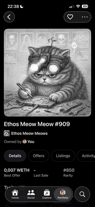A mobile screenshot from OpenSea showing "Ethos Meow Meow #909," an NFT featuring a detailed pencil-style illustration of a cat wearing goggles and writing in a notebook. The image aligns with the post, displaying collection details from the Ethos Meow Meows series, with a best offer of 0.007 WETH and a rarity ranking of #850.