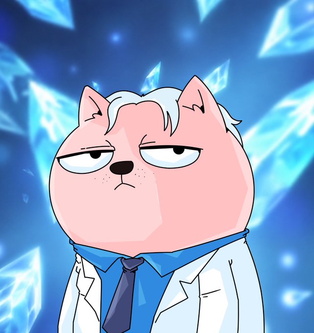 A smug-looking pink cat character wearing a lab coat and tie stands before glowing blue crystals, projecting a scientist vibe that matches the "gm, let's cook today" post—suggesting it's time to experiment or build something in the crypto lab.