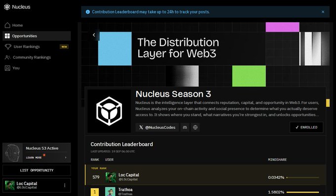 The image shows the Nucleus platform's contribution leaderboard page featuring "Nucleus Season 3" and "The Distribution Layer for Web3" branding, with visible entries like "Loc Capital (@LocCapital)" at rank 579 with 0.0342% mindshare and "TraitBase" at rank 1 with 1.5602%. The screenshot supports the post's discussion about how the AI grading model evaluates contributions on the Nucleus leaderboard, providing a visual reference of the platform where original content is being assessed.