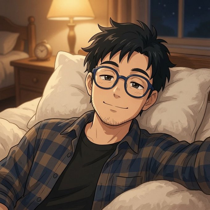 An anime-style illustration of a smiling young man with glasses and a plaid shirt relaxing in bed under a warm lamp.