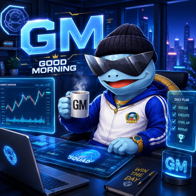 A vibrant digital illustration of a blue cartoon turtle character wearing sunglasses and a tracksuit, holding a mug with 'GM' on it, with a 'GM GOOD MORNING' logo and trading charts visible.
