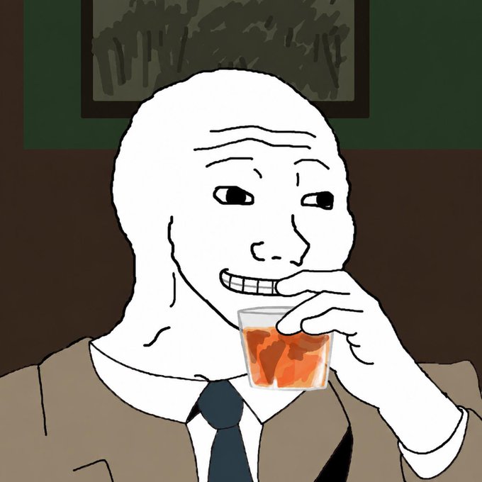 Cartoon drawing of a bald figure in a suit holding a glass of brown liquid, grinning with teeth showing in the popular 'wojak' meme style.