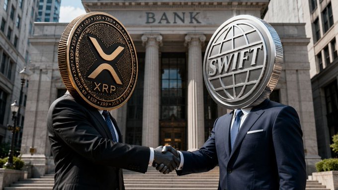 The image features two men dressed in suits shaking hands over a building, with one man wearing a coin shaped like Bitcoin and the other wearing a coin shaped like Swift. The text above them reads "If SWIFT ever adopts #XRP, it could completely transform global finance. As the future of cross-border payments evolves, the XRP Ledger keeps emerging as a major part of the conversation." This suggests that the image is promoting the idea of using Bitcoin or another cryptocurrency for international transactions, which has been gaining traction in recent years due to its potential to revolutionize cross-border payments and financial systems.

The two men are positioned on steps leading up to a building with columns, possibly a bank or a financial institution. The coin shapes represent Bitcoin and Swift, respectively, symbolizing the merging of traditional banking practices with modern cryptocurrency technology.