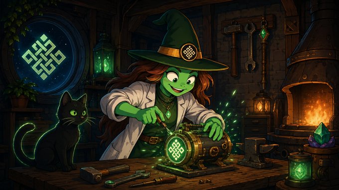 A green-skinned witch in a pointed hat works on a glowing green cylindrical device at a workbench, with a black cat watching nearby, a forge in the background, and a green knotwork symbol visible on a window and the device.