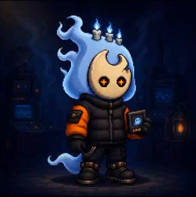 A digital avatar character with glowing blue flame-like hair topped with candles, glowing cross-shaped eyes, wearing a black puffer vest and orange jacket, holding a small device with a ghost icon.